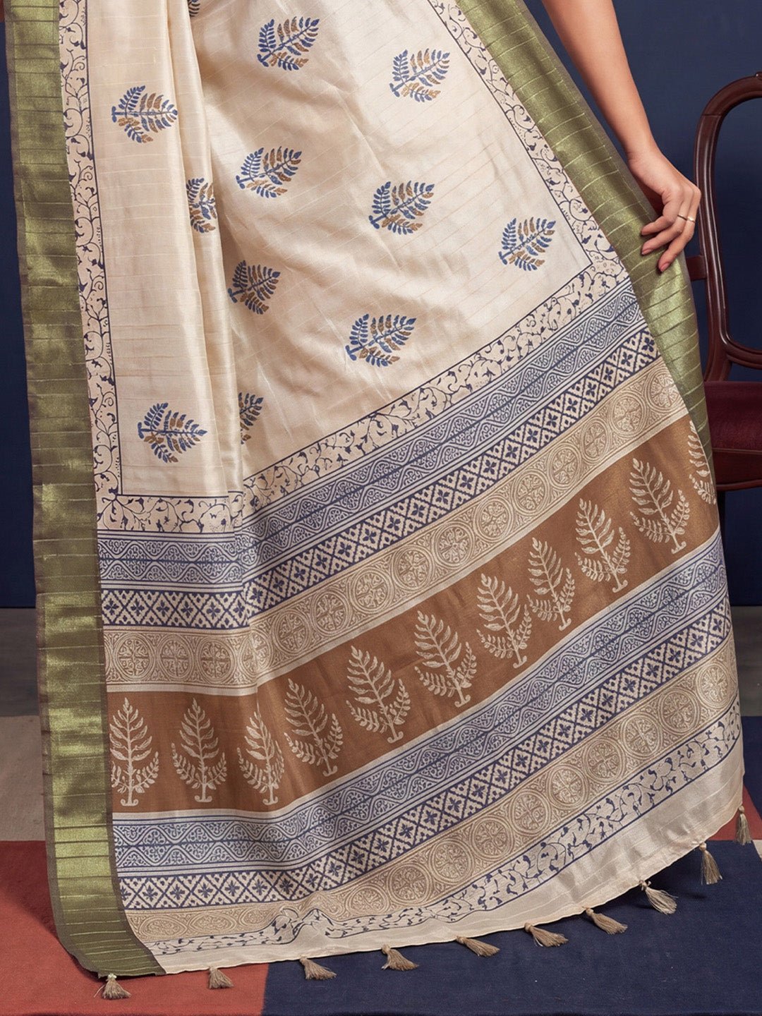 Off White &Olive Cotton Block Printed saree - Ressa
