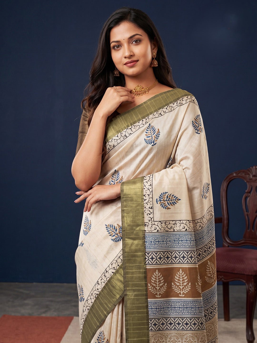 Off White &Olive Cotton Block Printed saree - Ressa