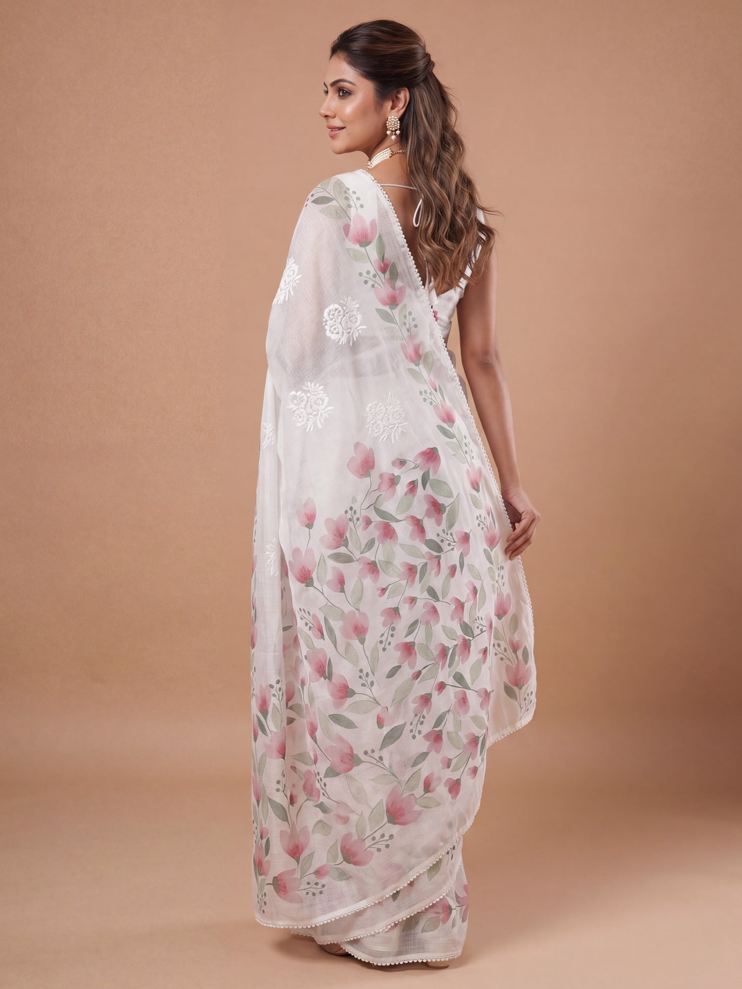 Off-White Organza Floral Saree - Ressa
