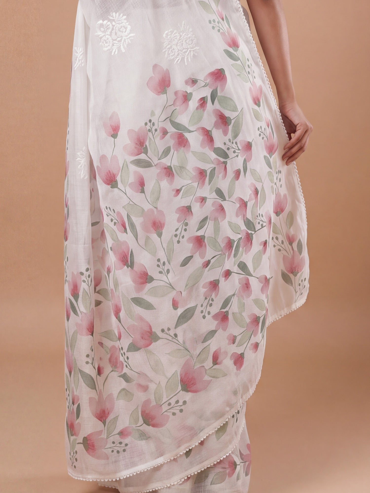 Off-White Organza Floral Saree - Ressa