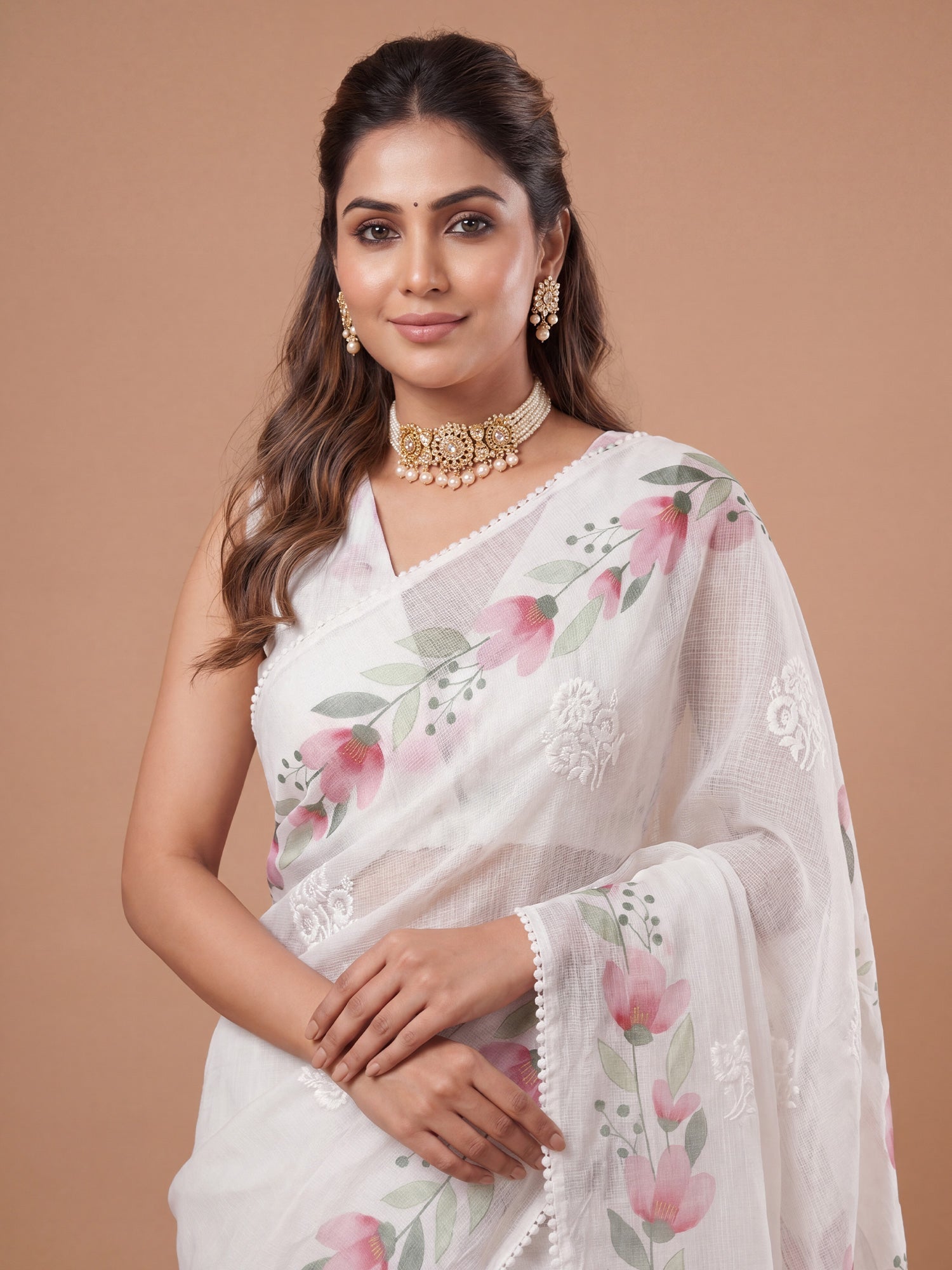 Off-White Organza Floral Saree - Ressa