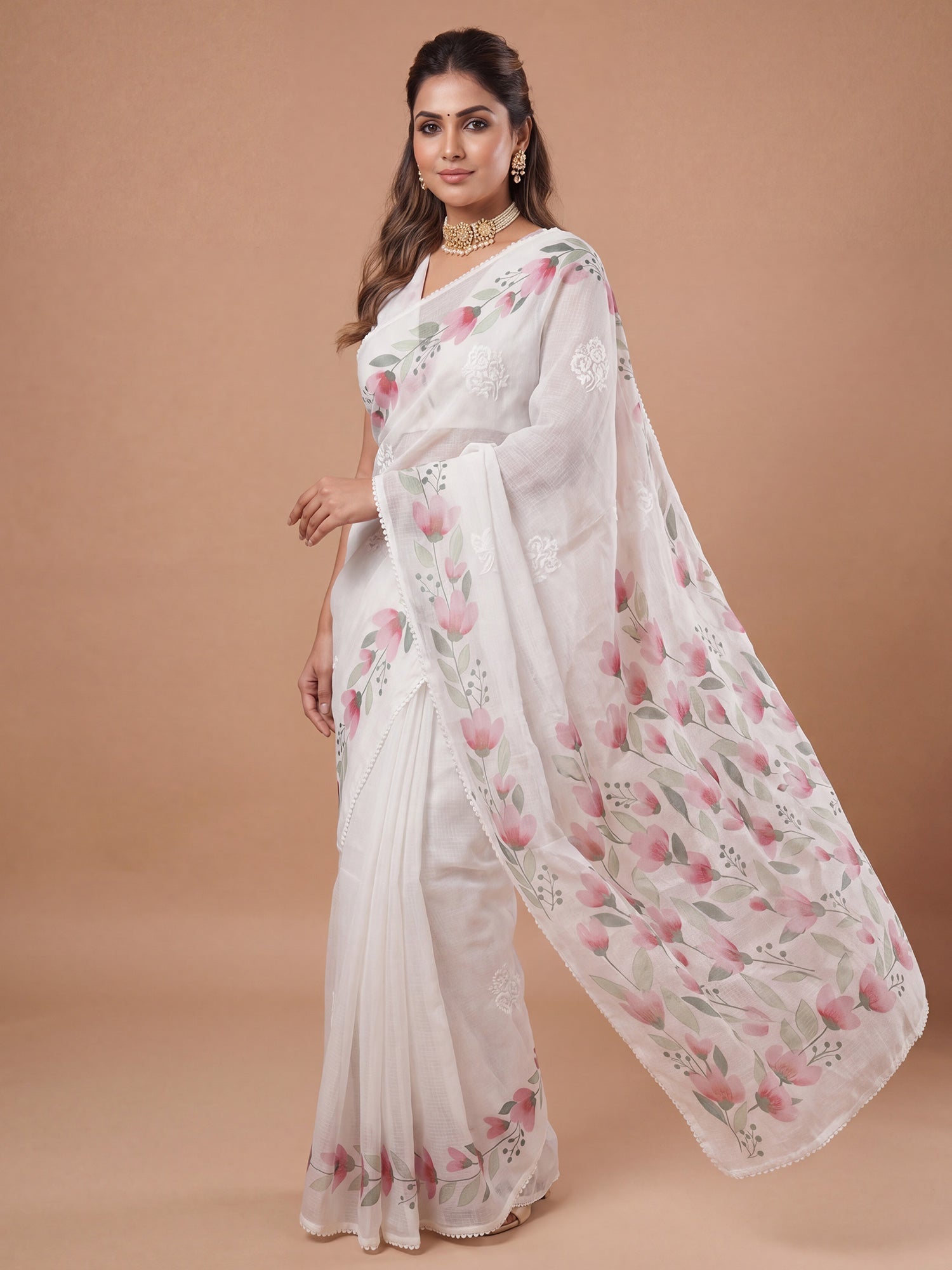 Off-White Organza Floral Saree - Ressa