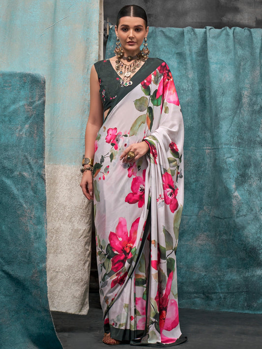 Off-White & Pink Floral Print Saree - Ressa