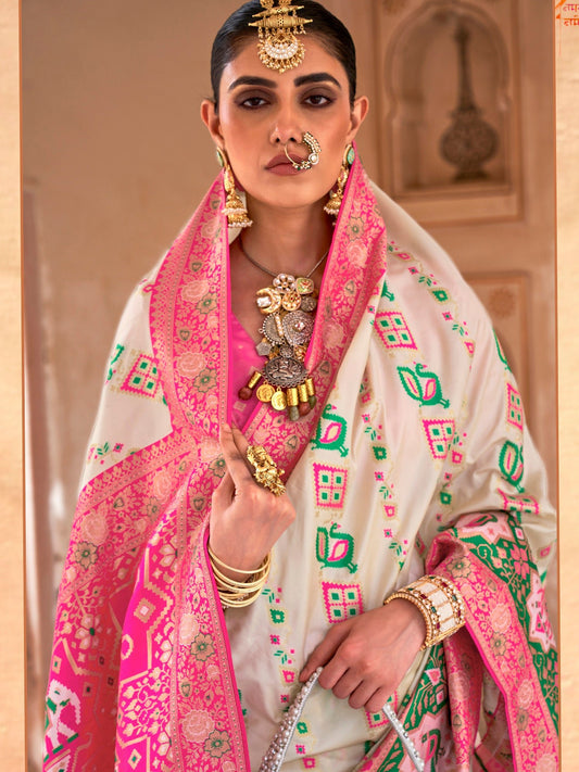 Off-White & Pink Silk Blend Heritage Patola Style Saree - Ressa