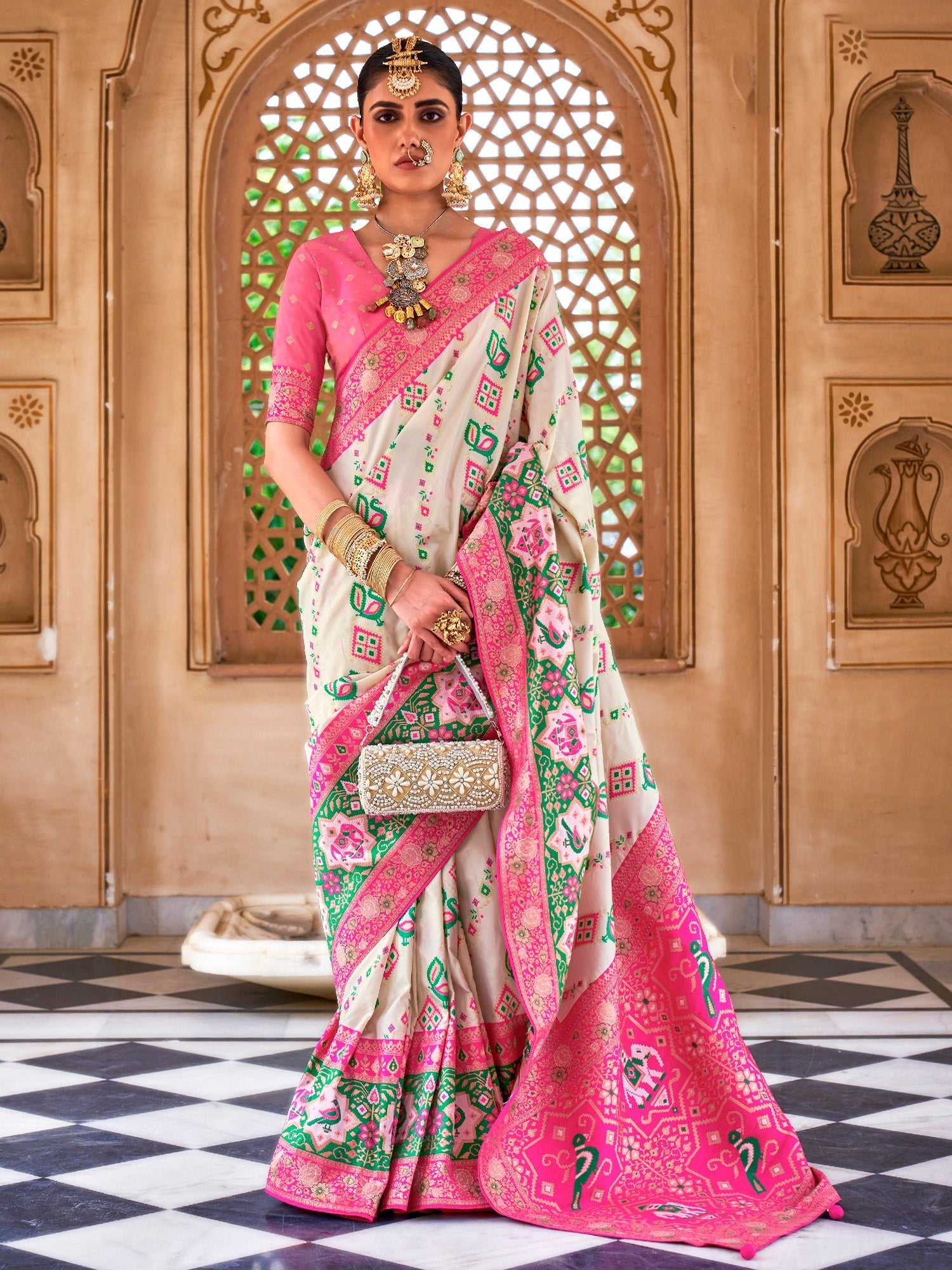 Off-White & Pink Silk Blend Heritage Patola Style Saree - Ressa