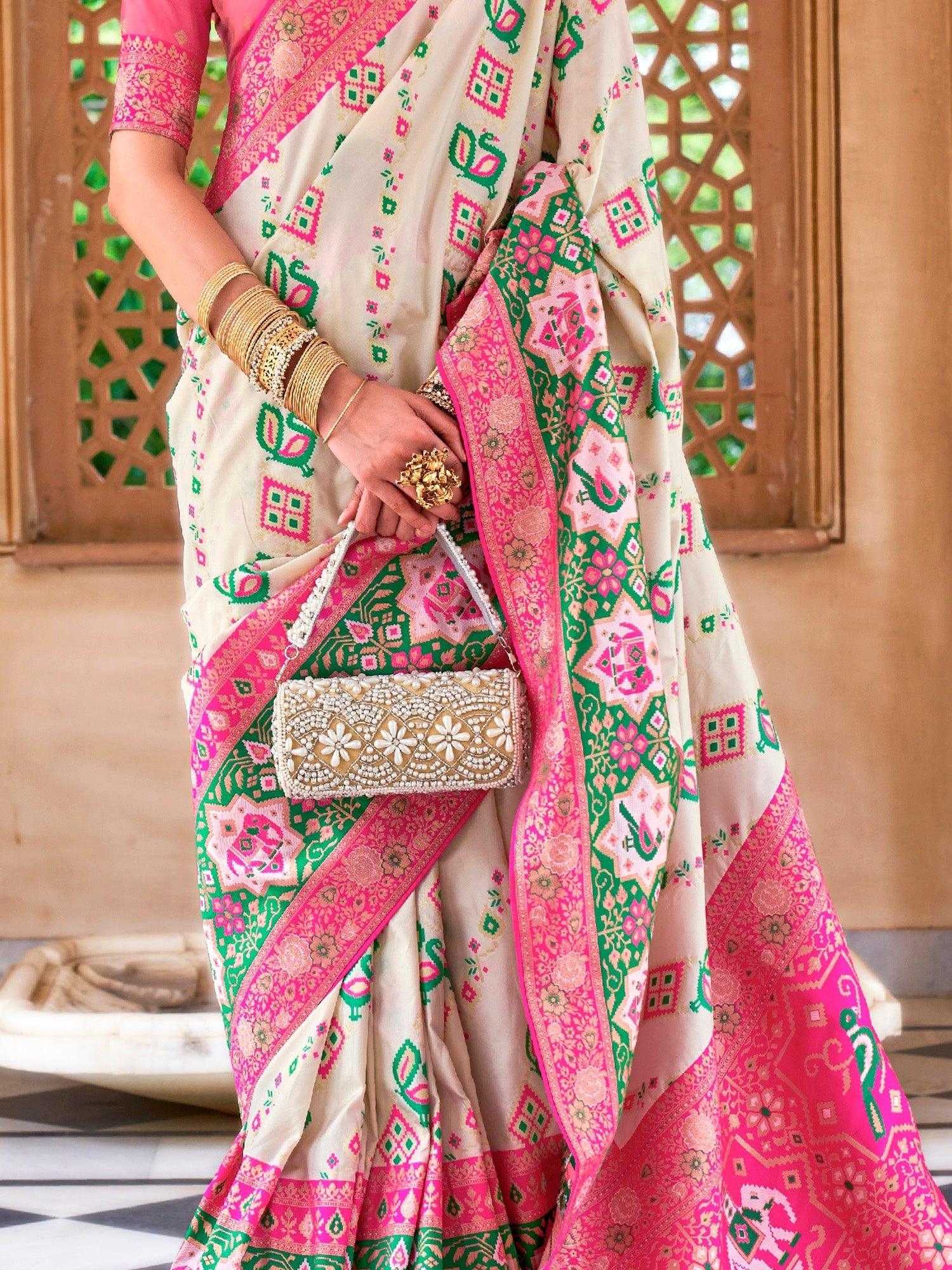 Off-White & Pink Silk Blend Heritage Patola Style Saree - Ressa