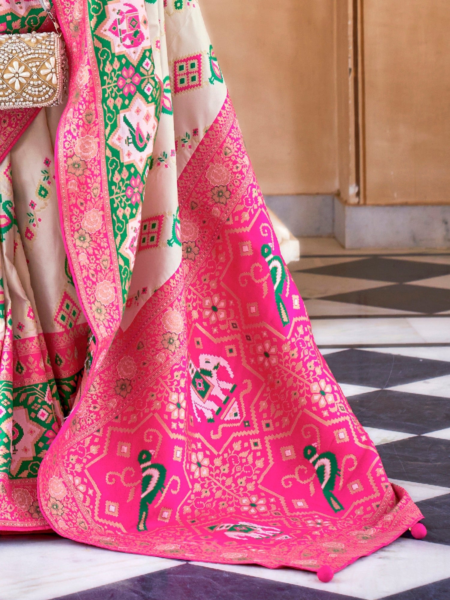 Off-White & Pink Silk Blend Heritage Patola Style Saree - Ressa