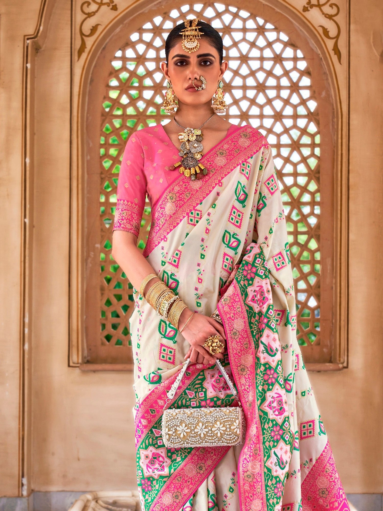 Off-White & Pink Silk Blend Heritage Patola Style Saree - Ressa