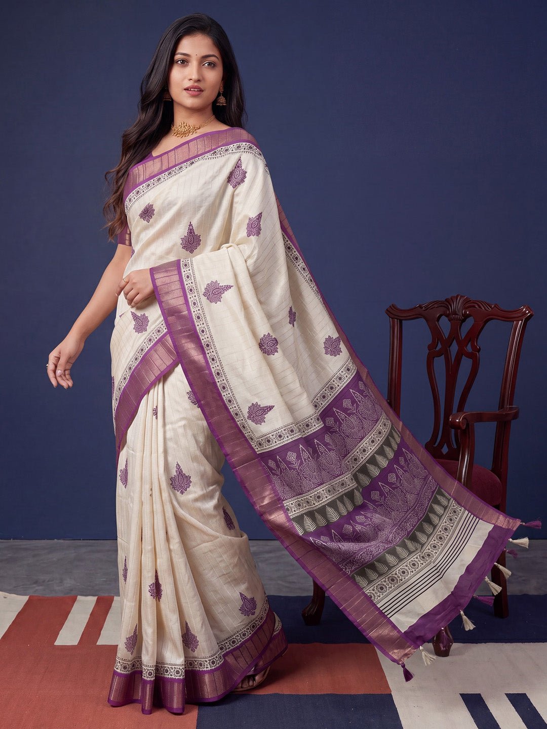 Off-White & Purple Block Printed Saree - Ressa