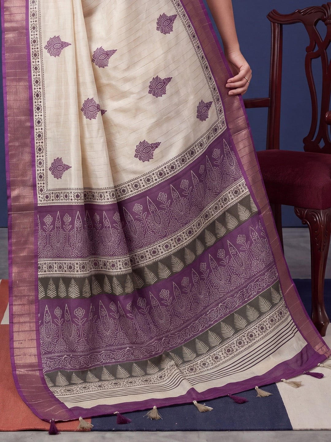Off-White & Purple Block Printed Saree - Ressa