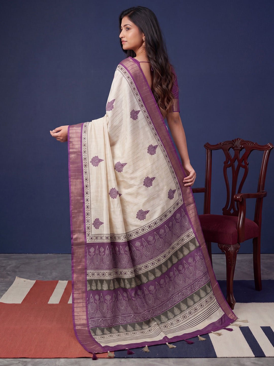 Off-White & Purple Block Printed Saree - Ressa