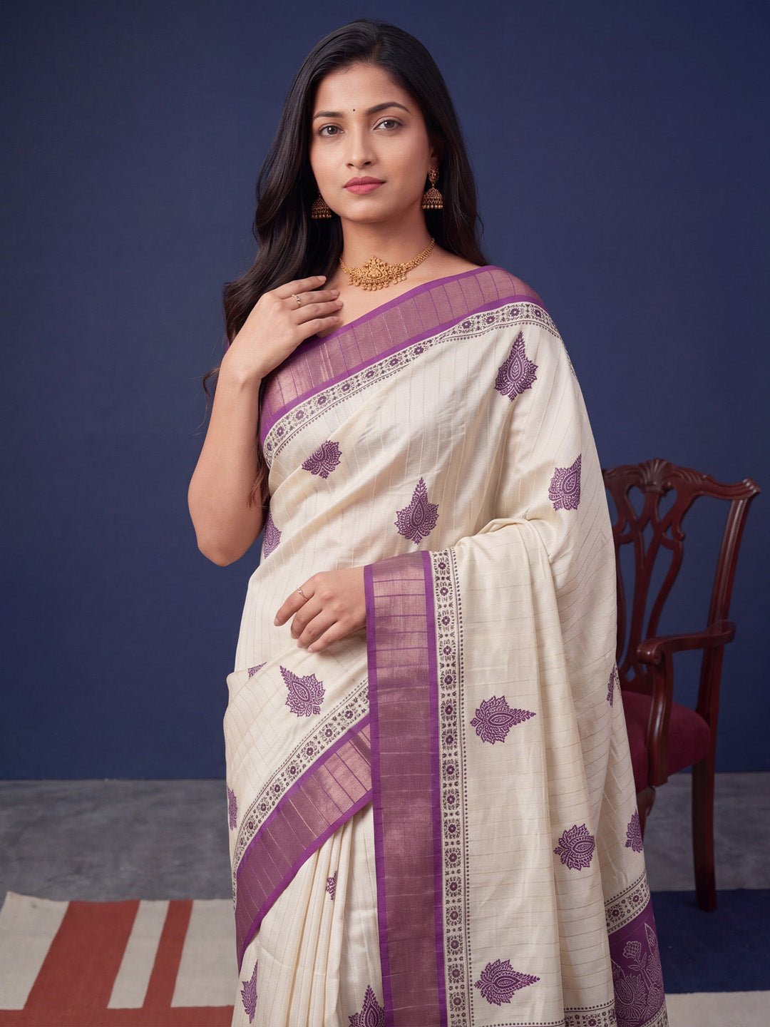 Off-White & Purple Block Printed Saree - Ressa
