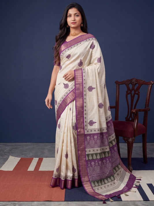 Off-White & Purple Block Printed Saree - Ressa