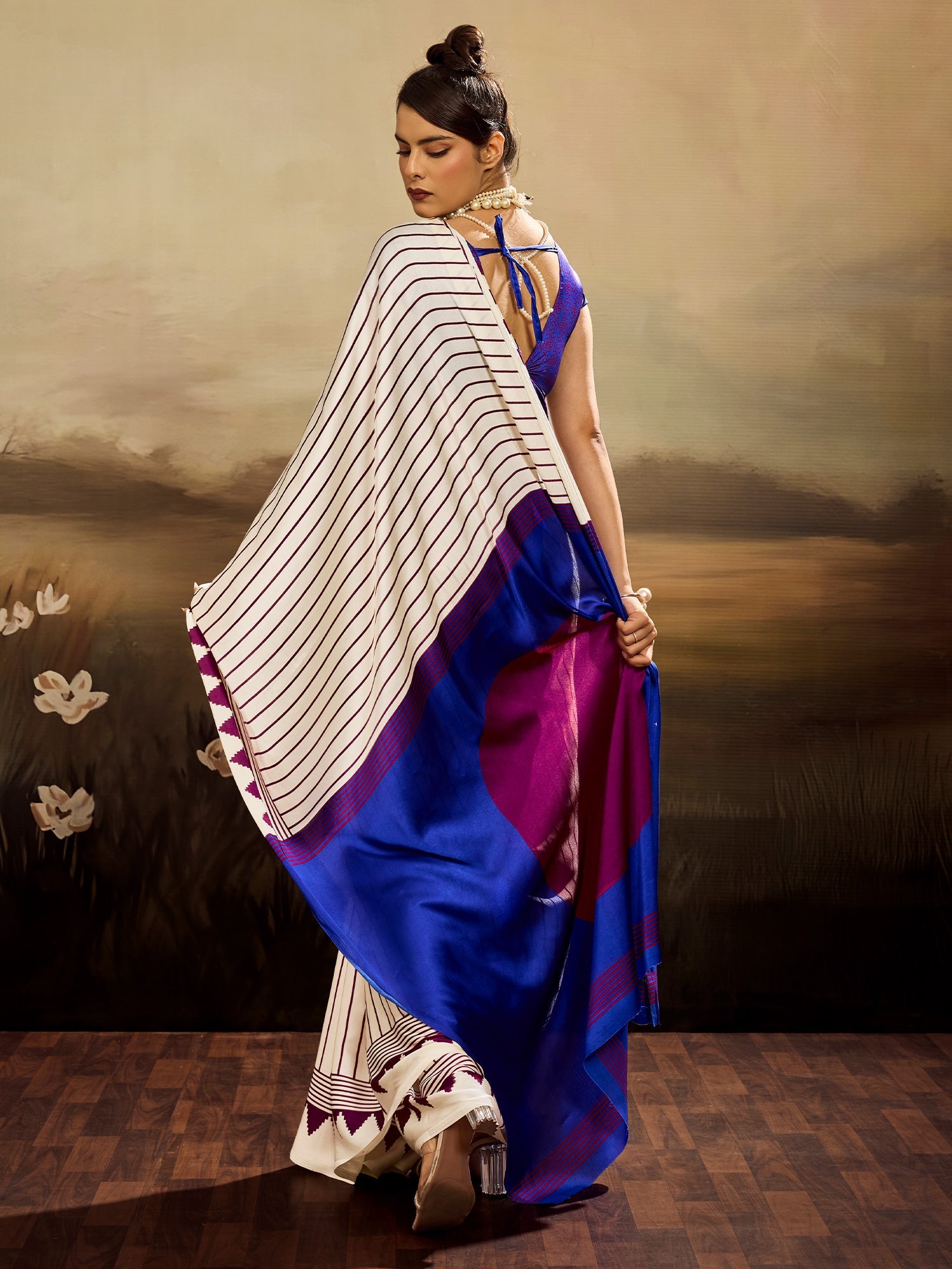 Off-White & Purple Striped Ikat Silk Saree - Ressa