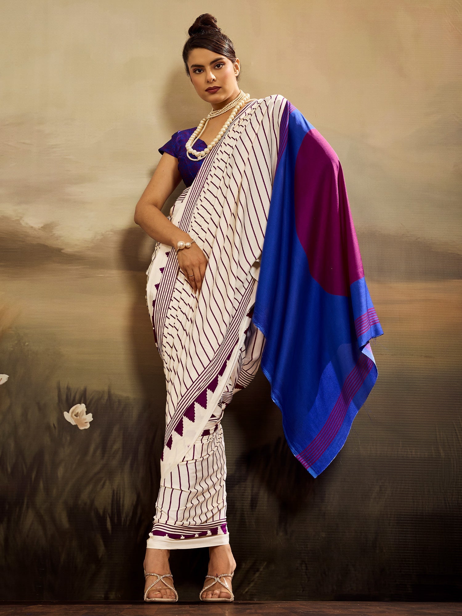 Off-White & Purple Striped Ikat Silk Saree - Ressa
