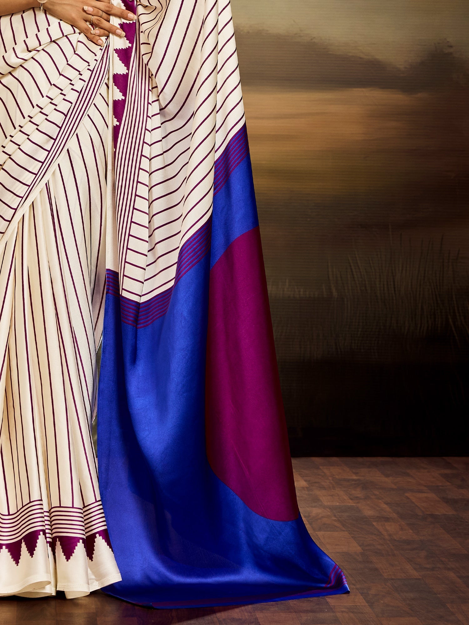 Off-White & Purple Striped Ikat Silk Saree - Ressa