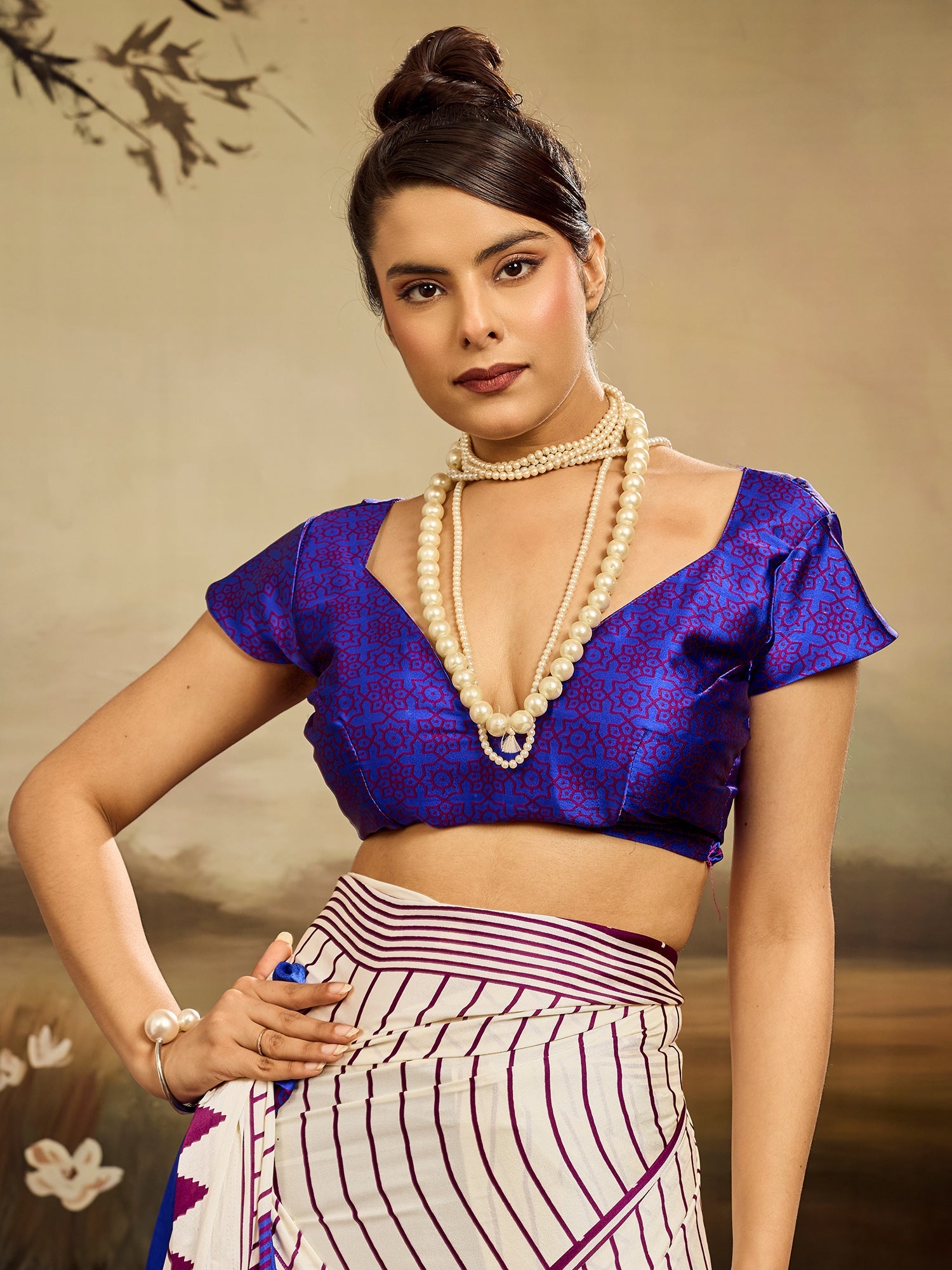 Off-White & Purple Striped Ikat Silk Saree - Ressa