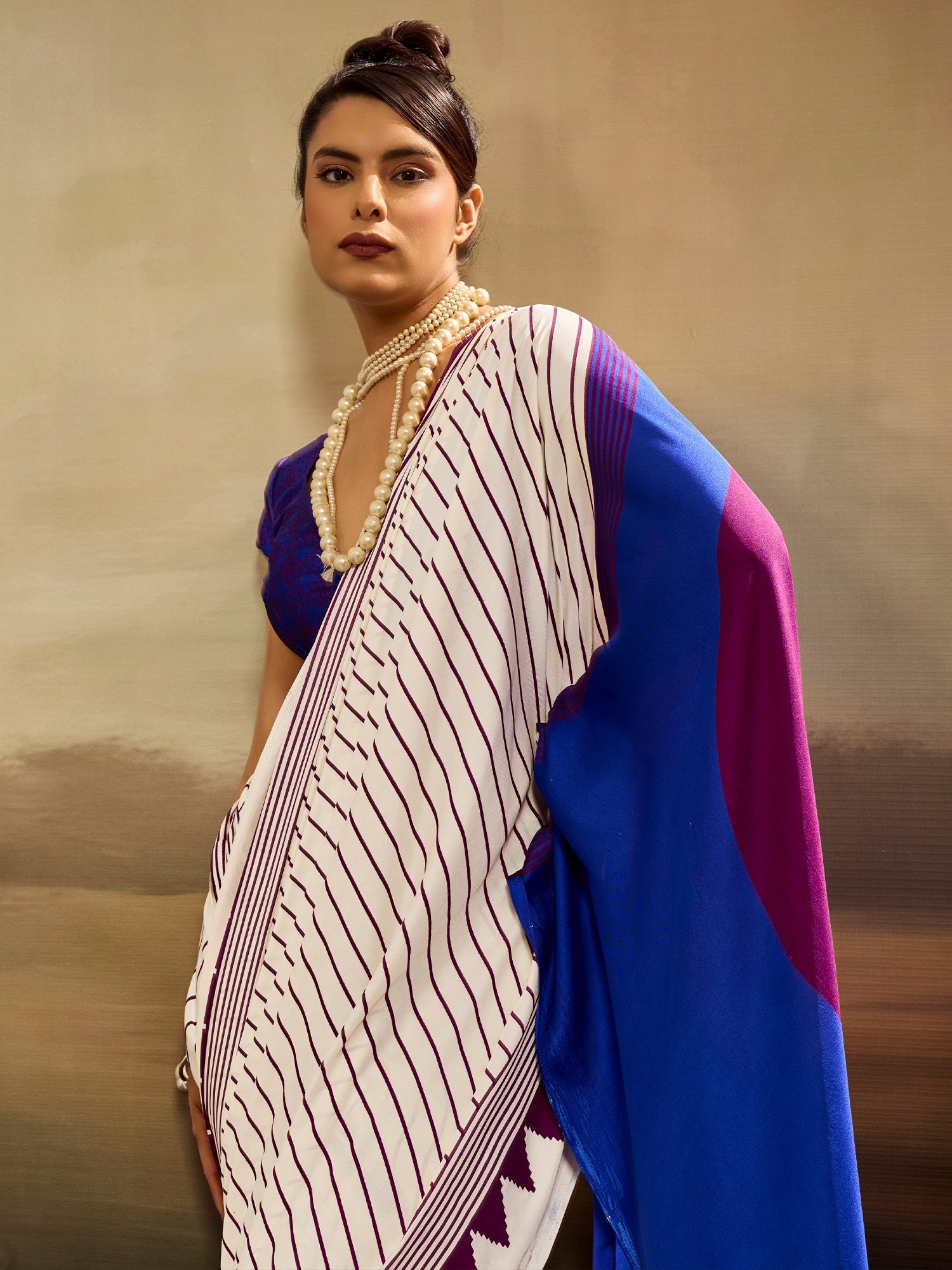 Off-White & Purple Striped Ikat Silk Saree - Ressa