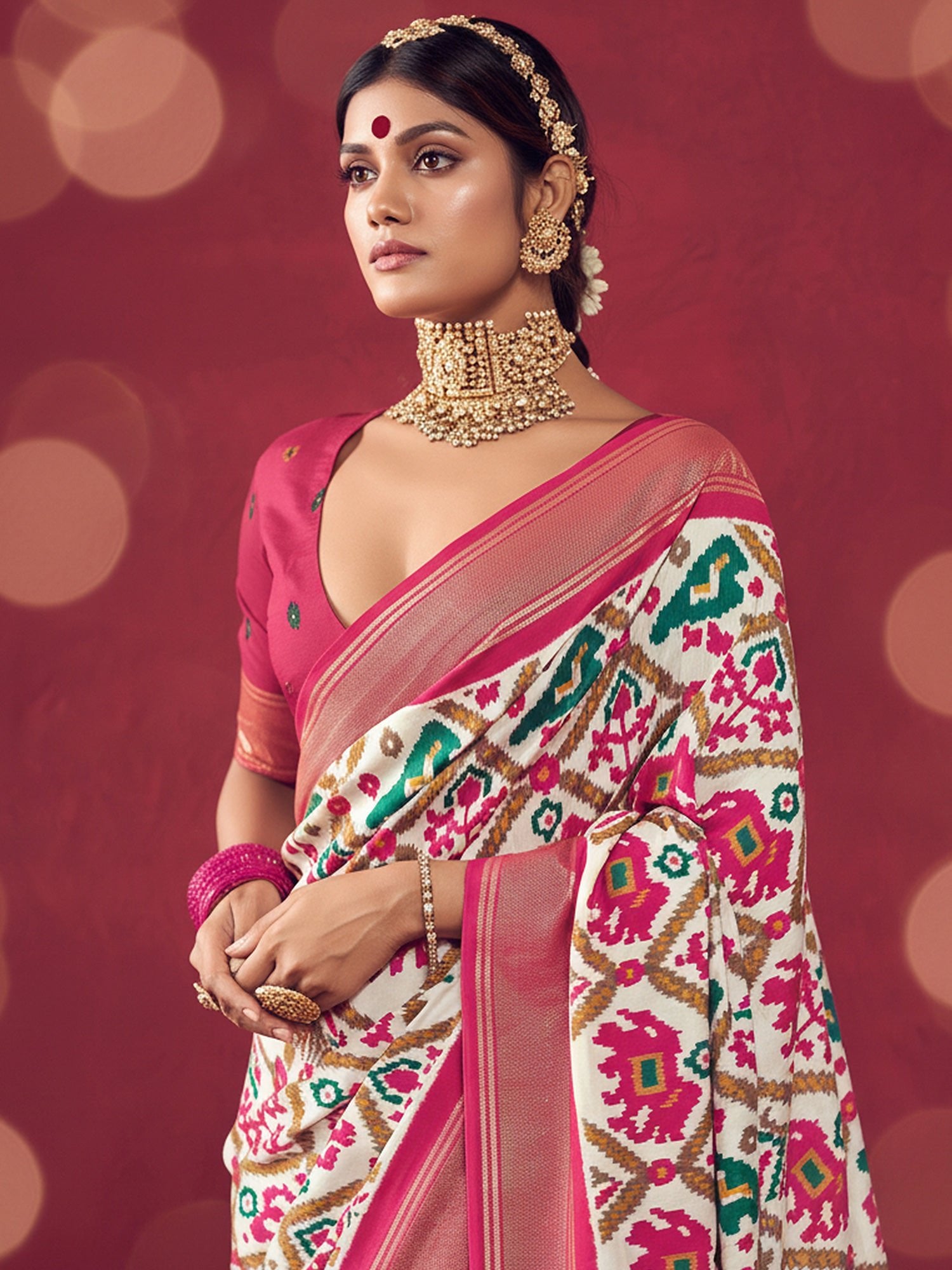 Off-White & Rani Pink Patola Ikat Saree - Ressa