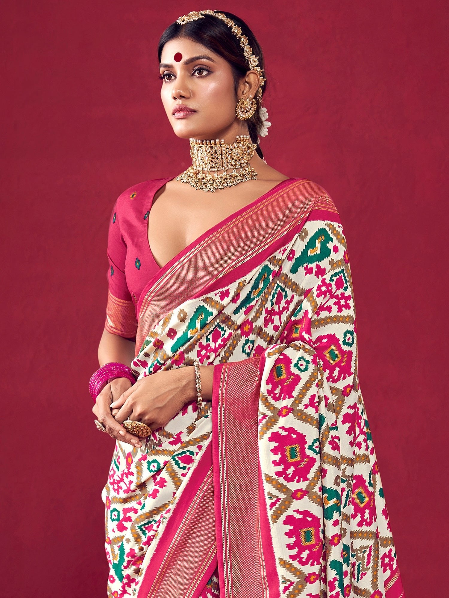 Off-White & Rani Pink Patola Ikat Saree - Ressa