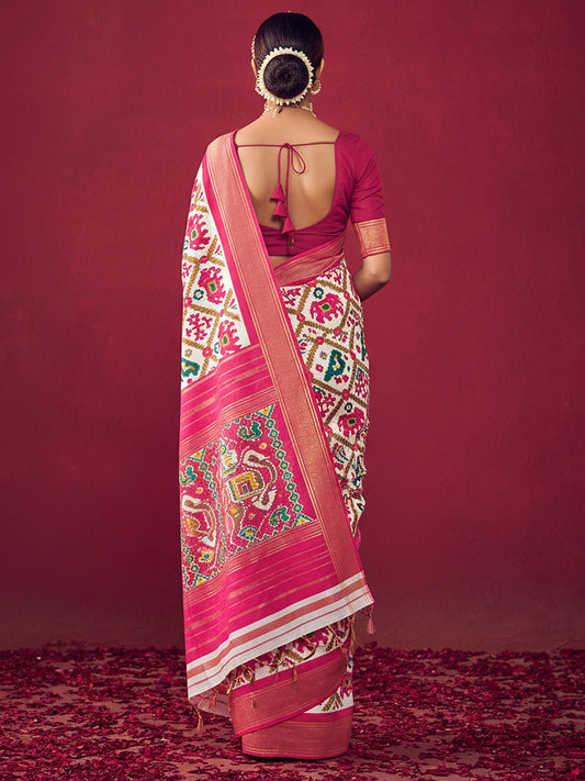 Off-White & Rani Pink Patola Ikat Saree - Ressa