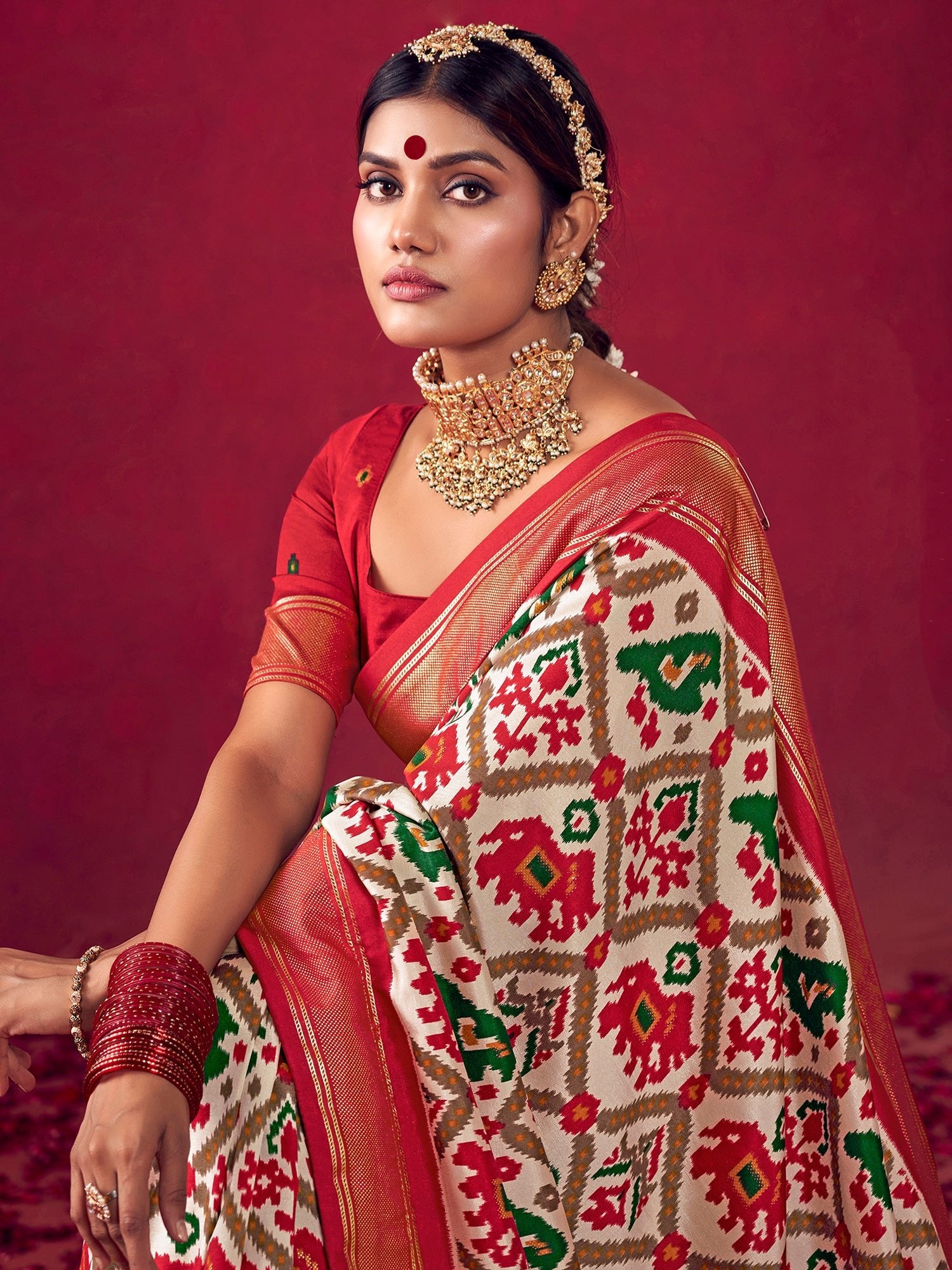 Off-White & Red Patola Saree - Ressa