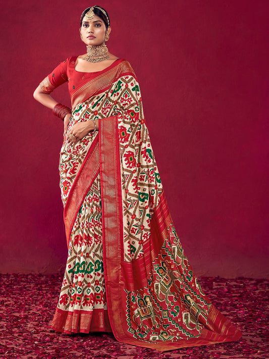 Off-White & Red Patola Saree - Ressa