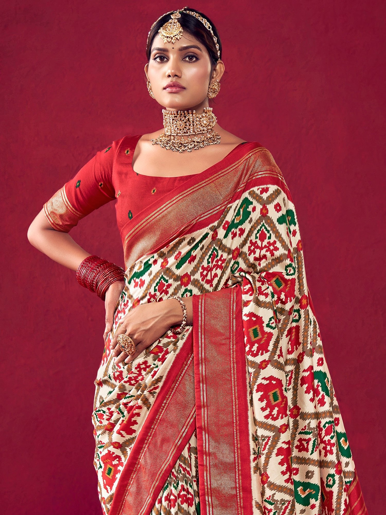 Off-White & Red Patola Saree - Ressa