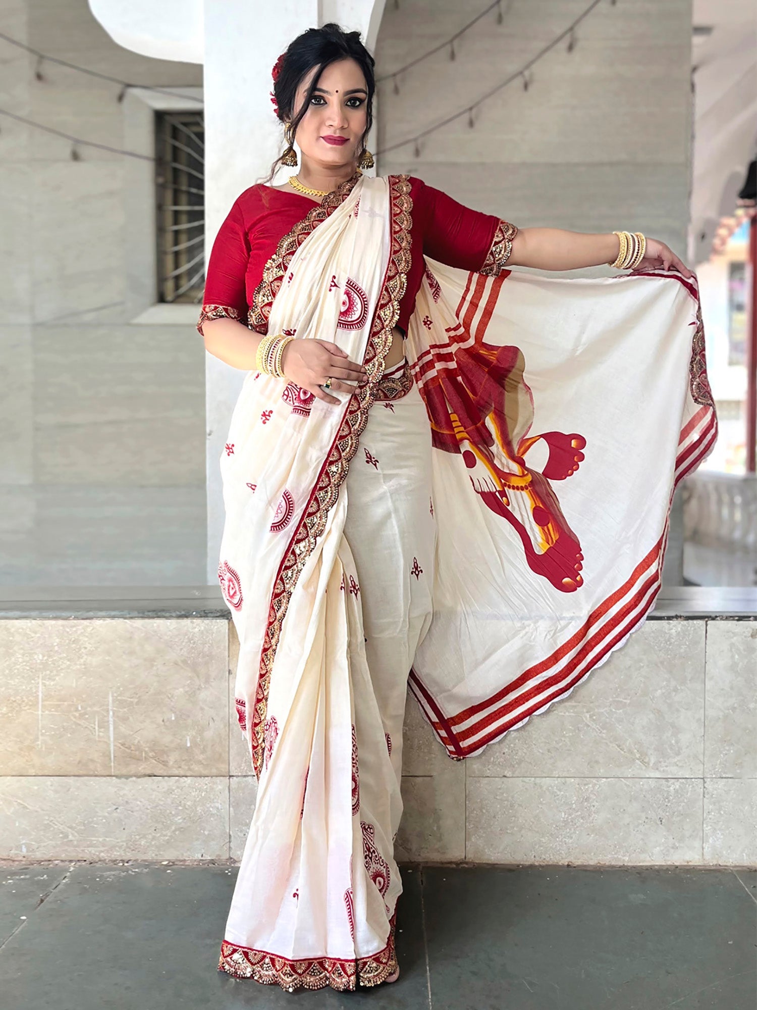 Off-White & Red Silk Saree with Hamsa Blouse - Ressa