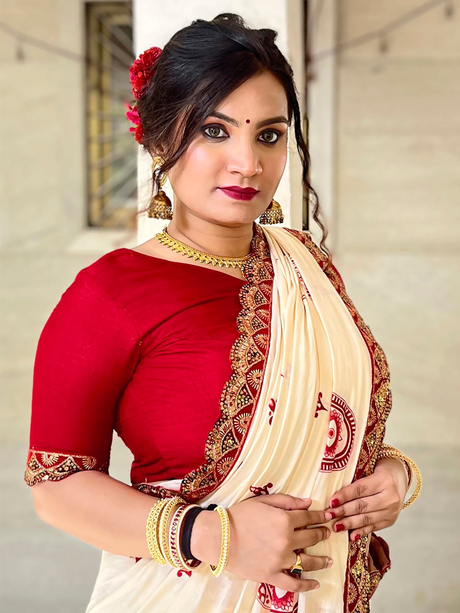 Off-White & Red Silk Saree with Hamsa Blouse - Ressa