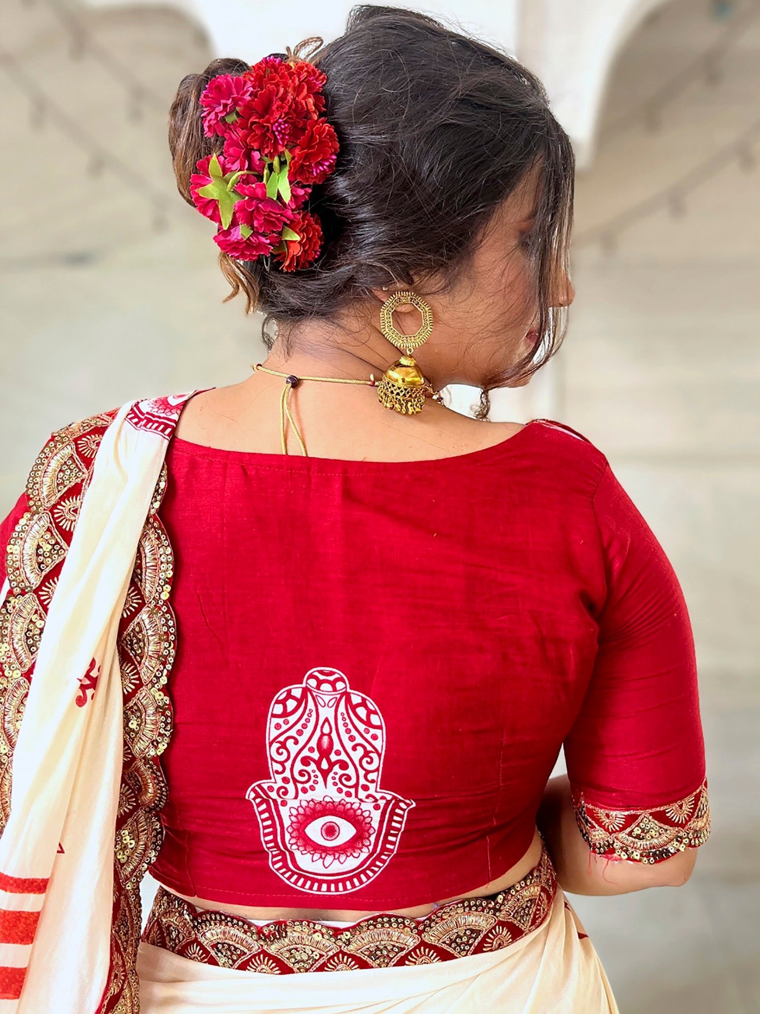Off-White & Red Silk Saree with Hamsa Blouse - Ressa