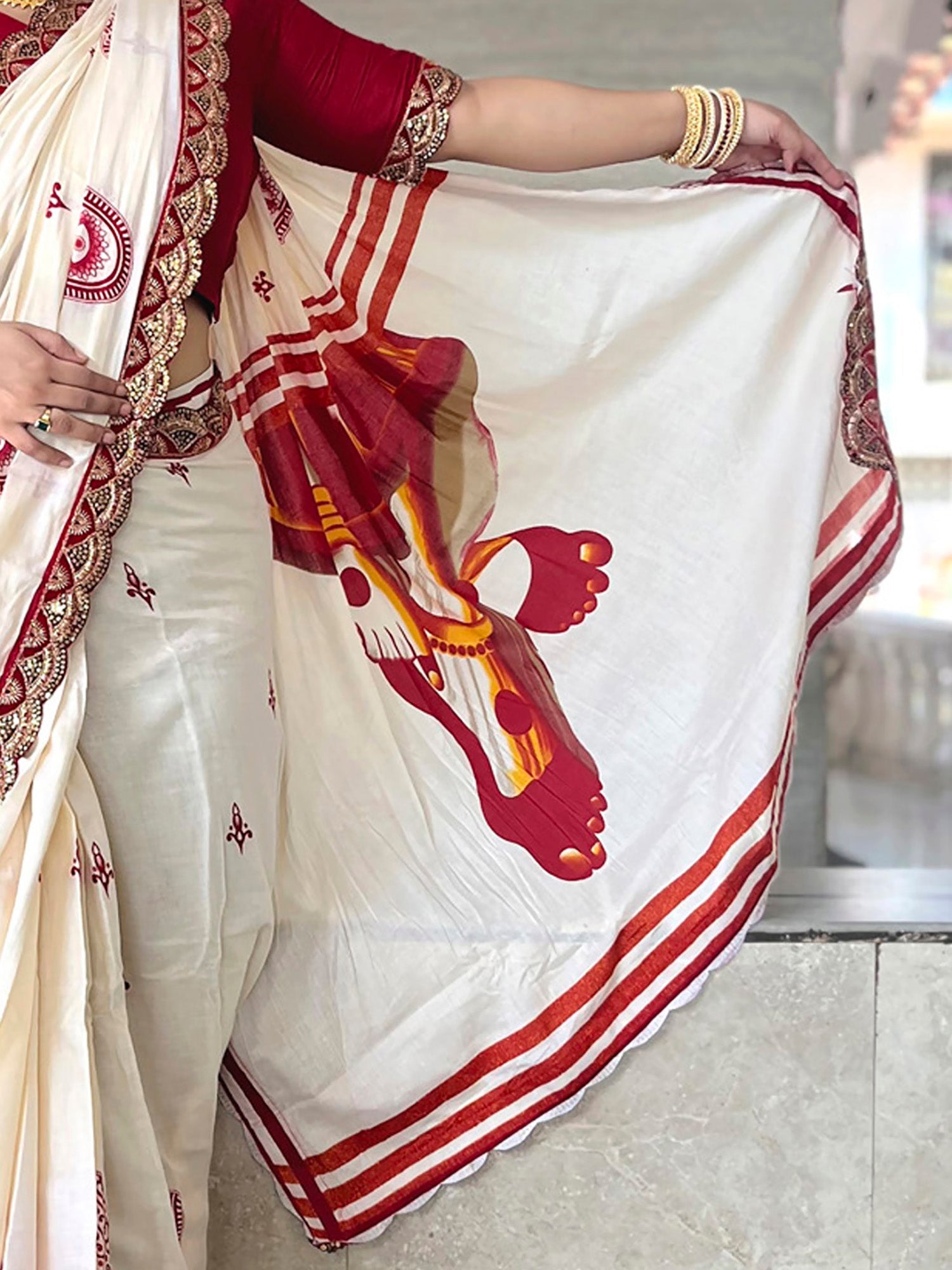 Off-White & Red Silk Saree with Hamsa Blouse - Ressa