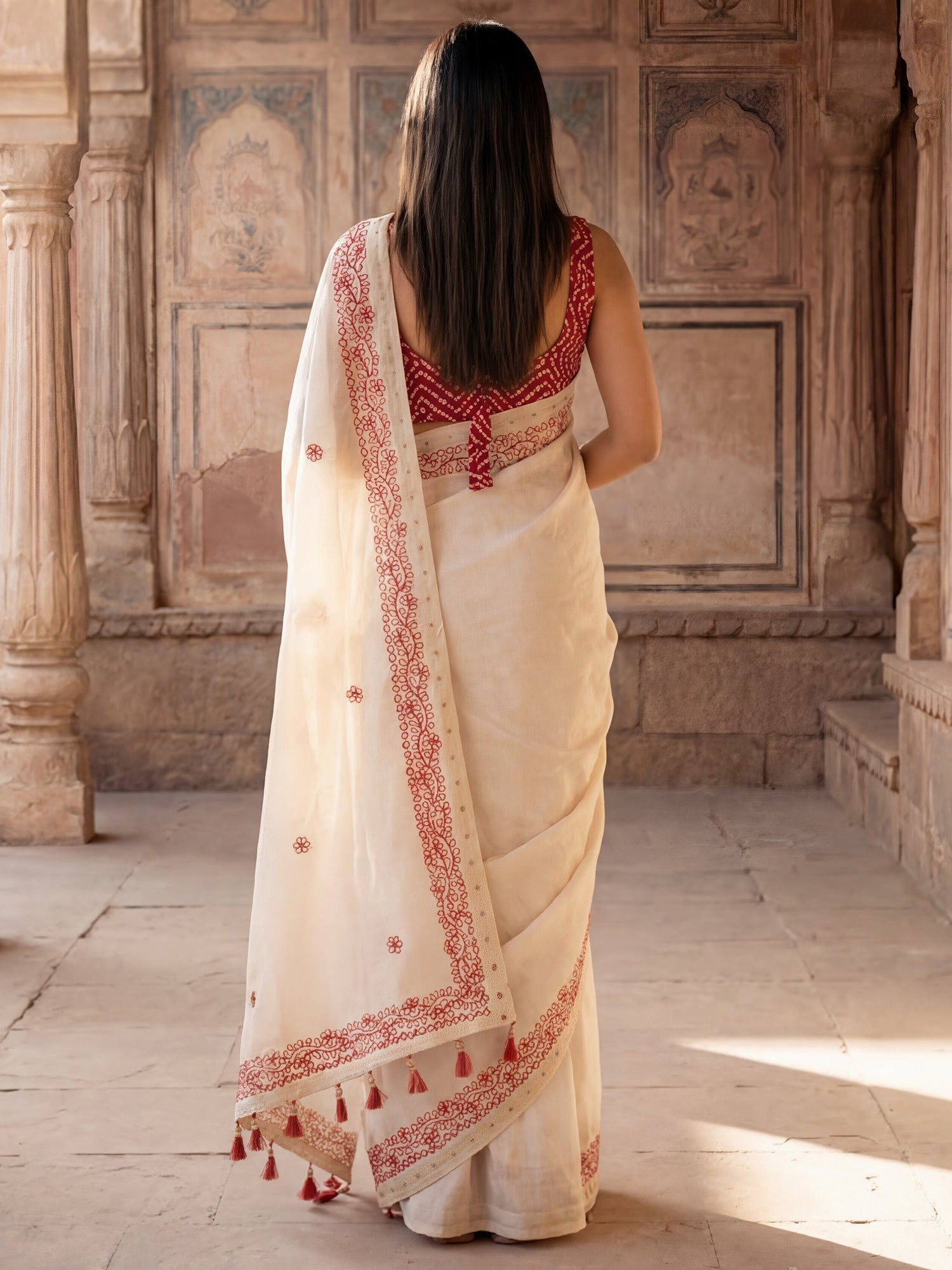 Off-White & Red Tissue Silk Saree - Ressa