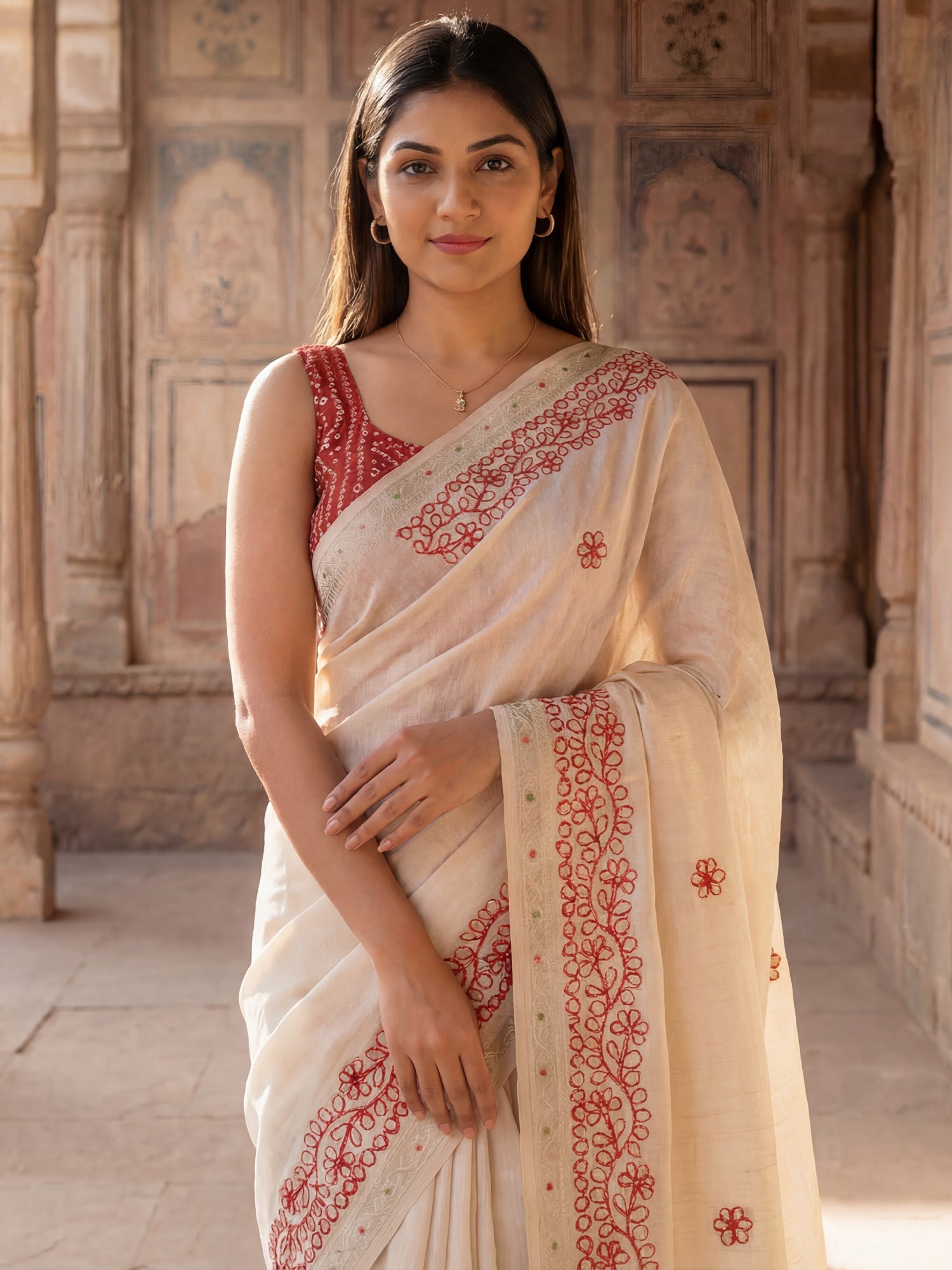 Off-White & Red Tissue Silk Saree - Ressa