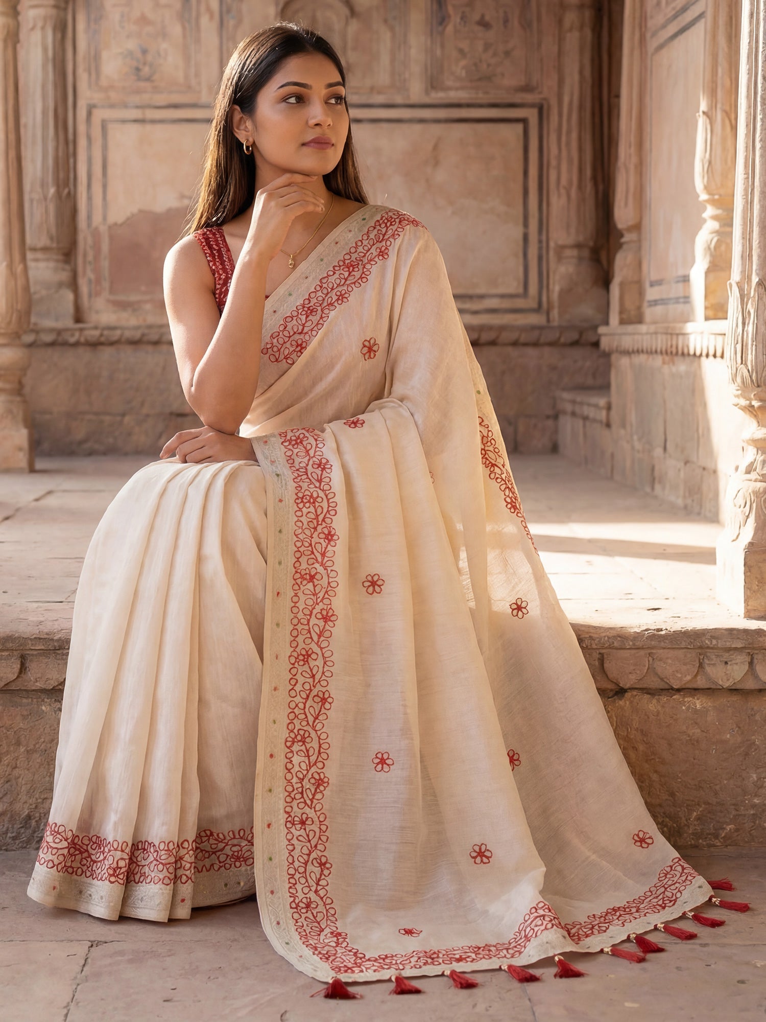 Off-White & Red Tissue Silk Saree - Ressa
