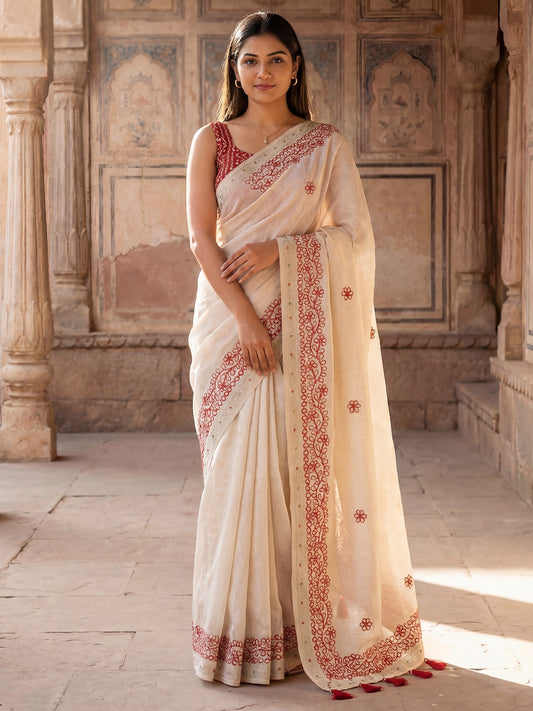 Off-White & Red Tissue Silk Saree - Ressa