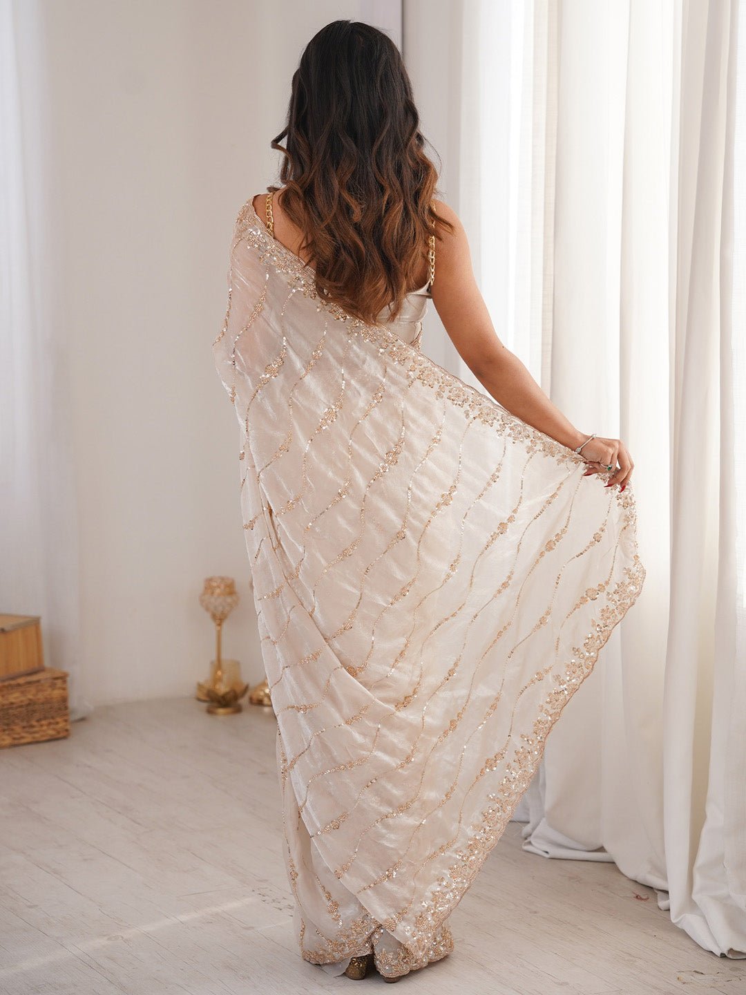 Off-White Satin Bead Work Saree - Ressa