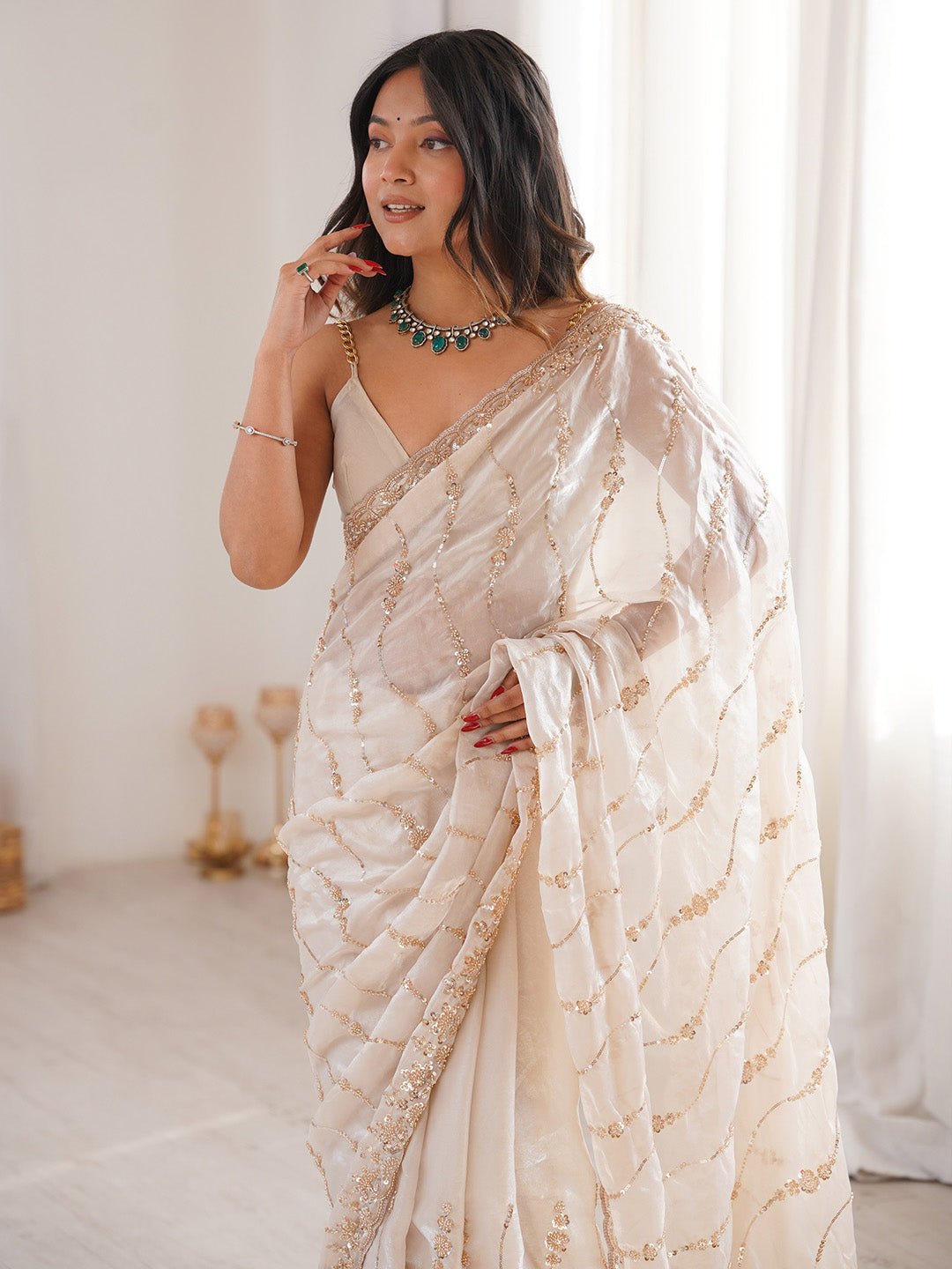 Off-White Satin Bead Work Saree - Ressa