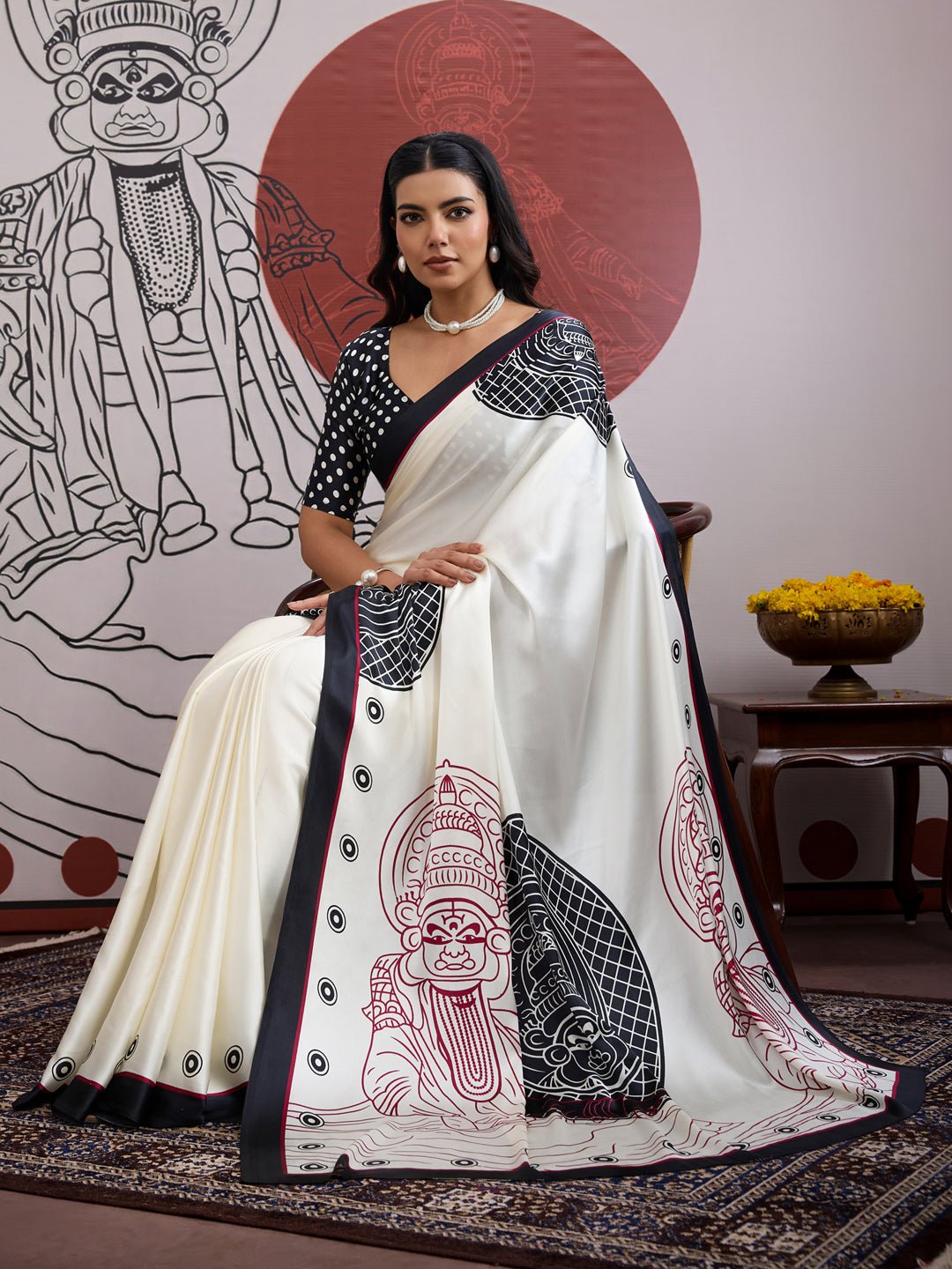 Off White Satin Kathakali Printed Saree - Ressa