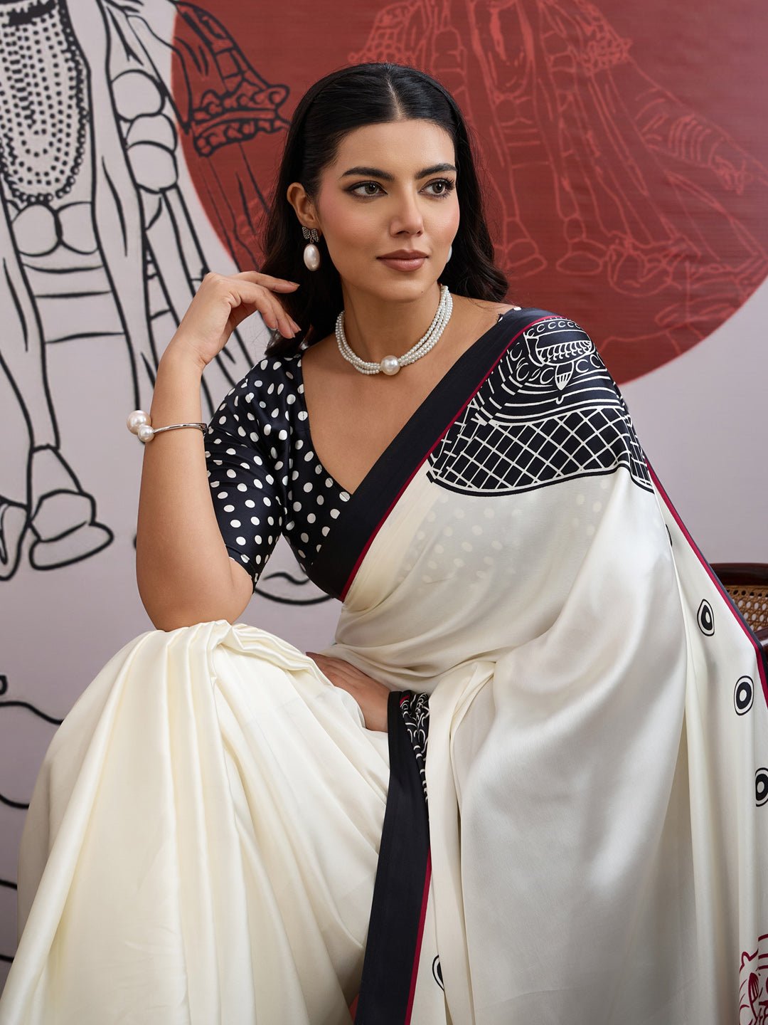 Off White Satin Kathakali Printed Saree - Ressa