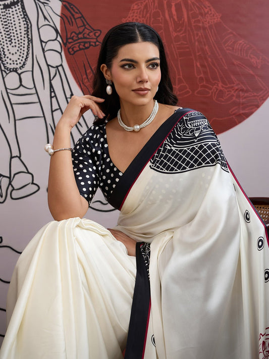 Off White Satin Kathakali Printed Saree - Ressa