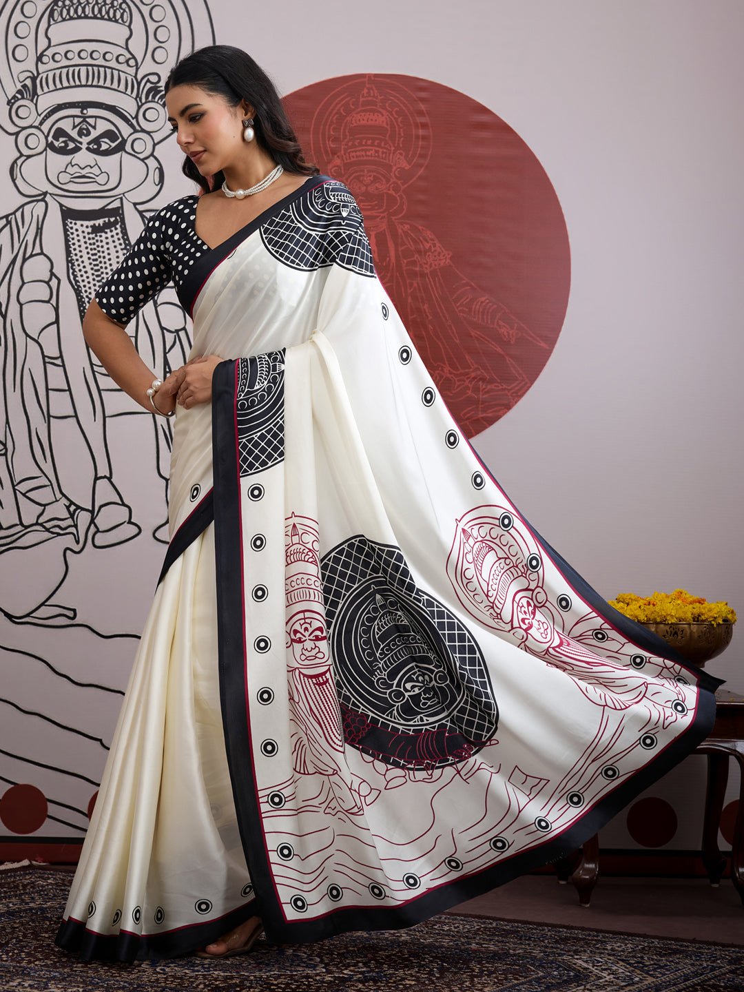 Off White Satin Kathakali Printed Saree - Ressa