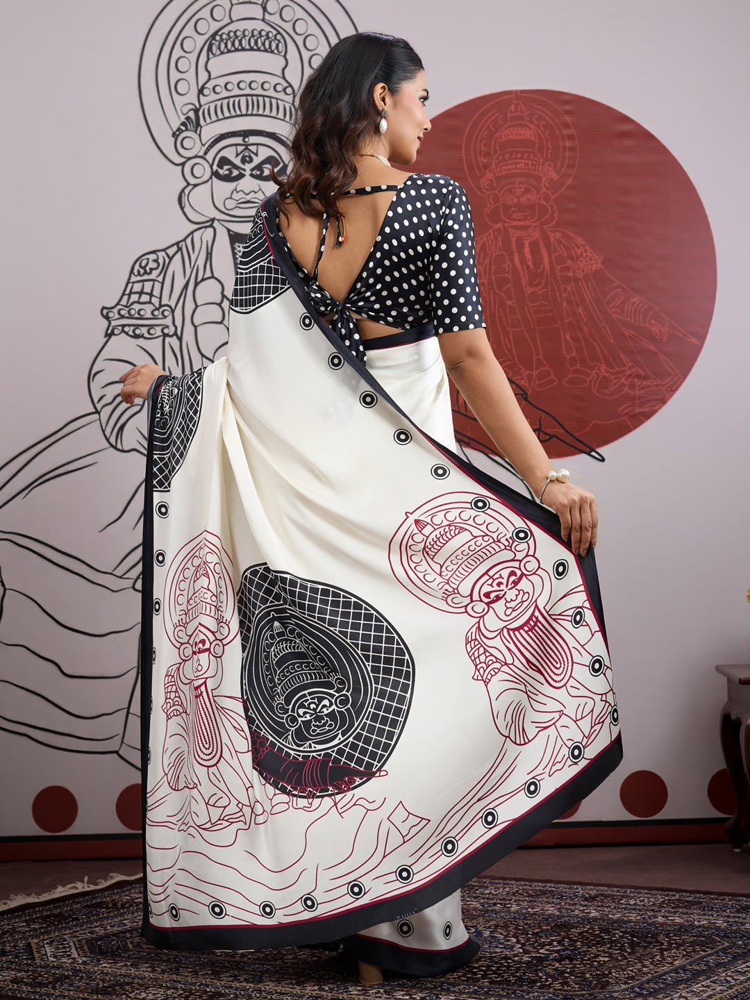 Off White Satin Kathakali Printed Saree - Ressa