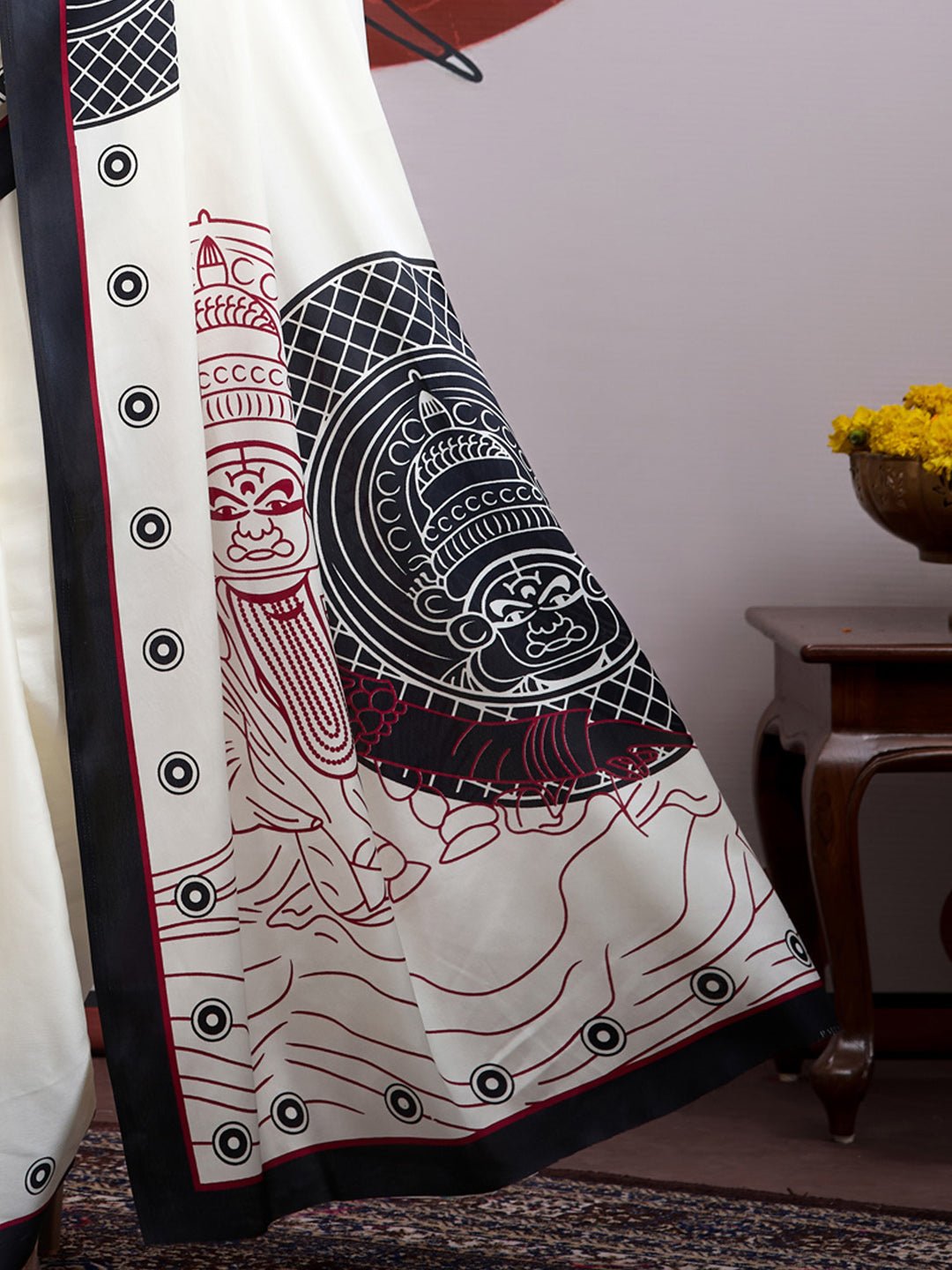 Off White Satin Kathakali Printed Saree - Ressa