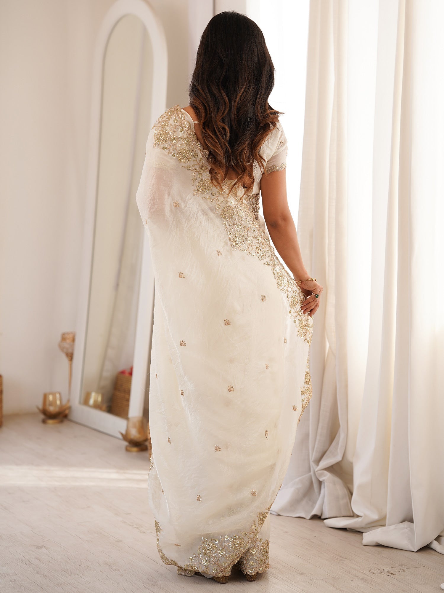 Off White Satin Saree with Intricate Zardosi Embroidery - Ressa