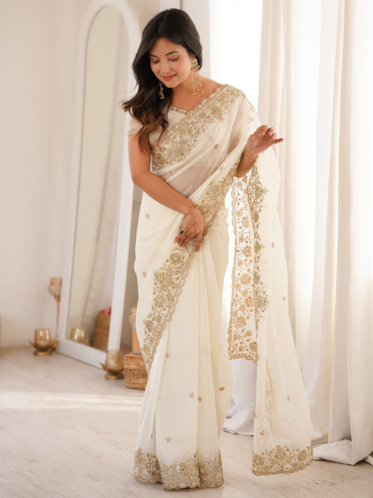 Off White Satin Saree with Intricate Zardosi Embroidery - Ressa
