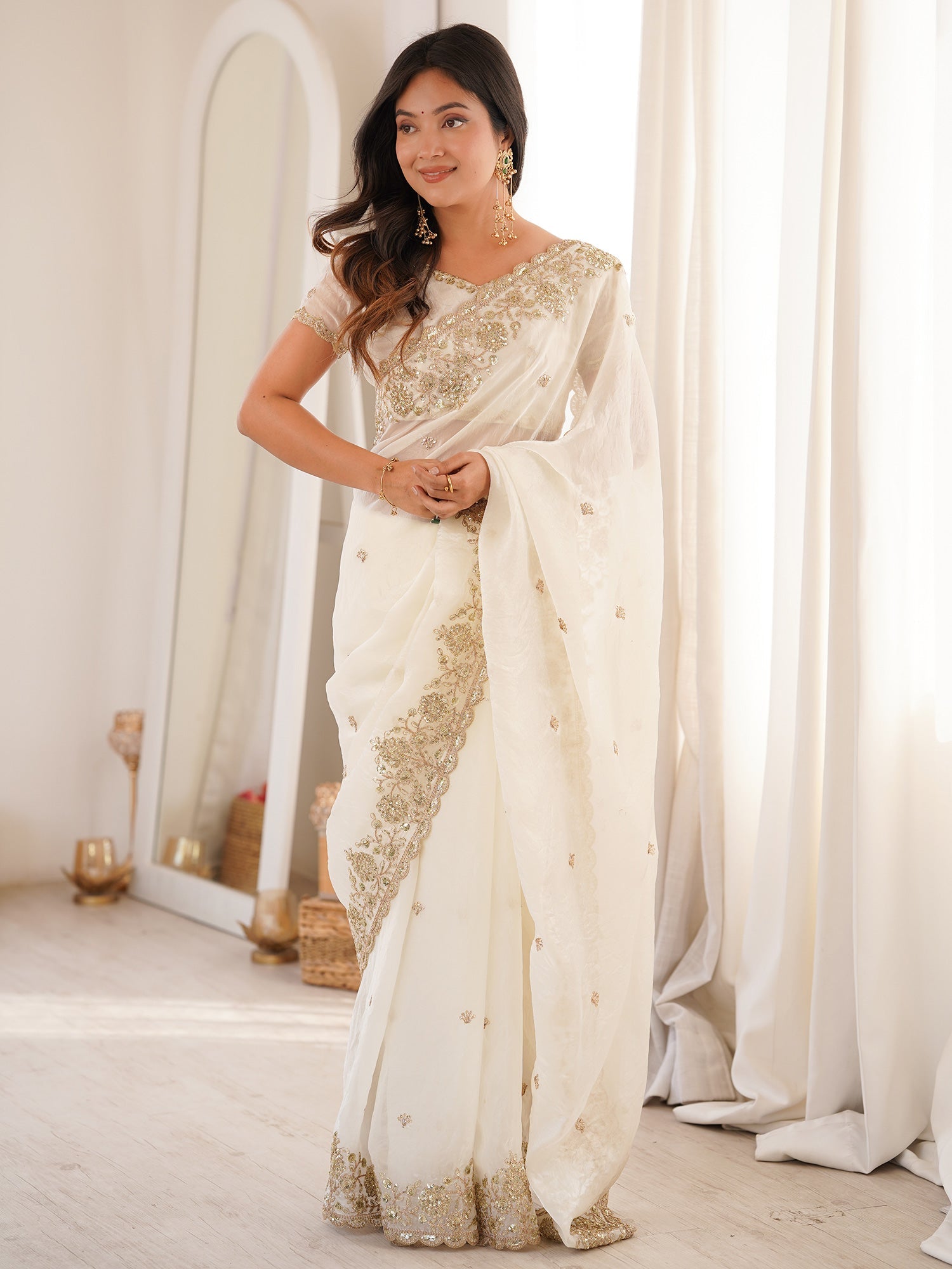 Off White Satin Saree with Intricate Zardosi Embroidery - Ressa