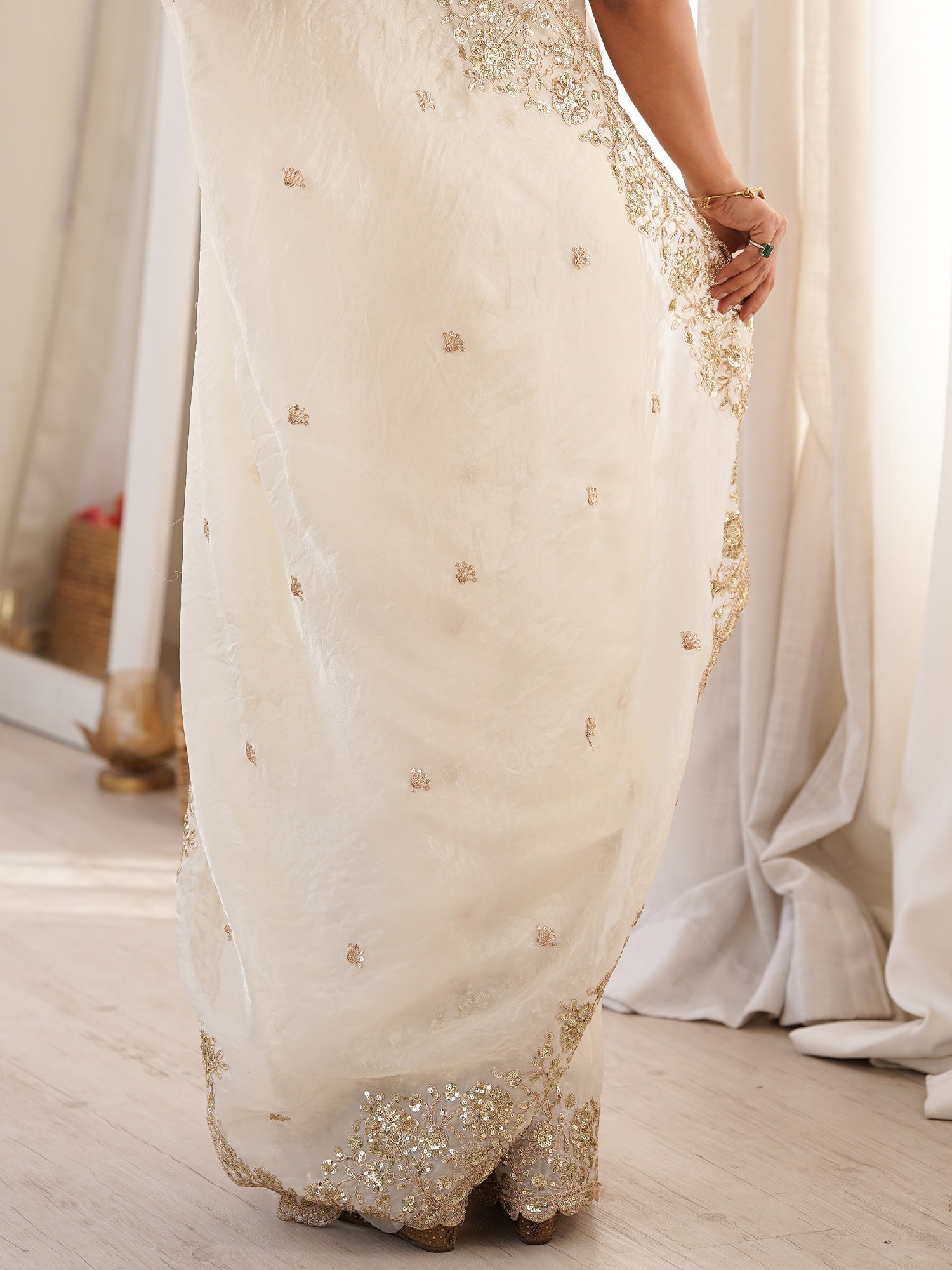 Off White Satin Saree with Intricate Zardosi Embroidery - Ressa
