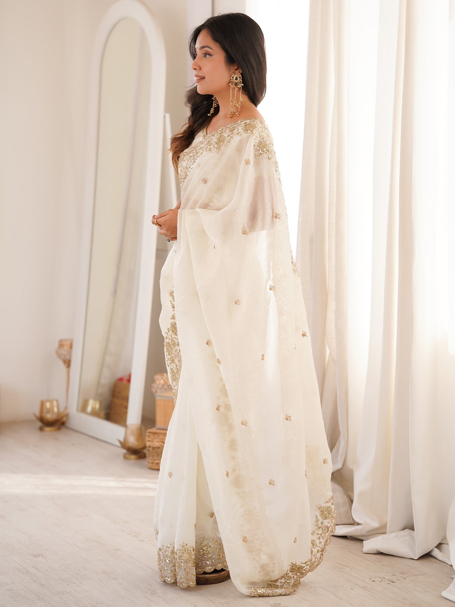 Off White Satin Saree with Intricate Zardosi Embroidery - Ressa