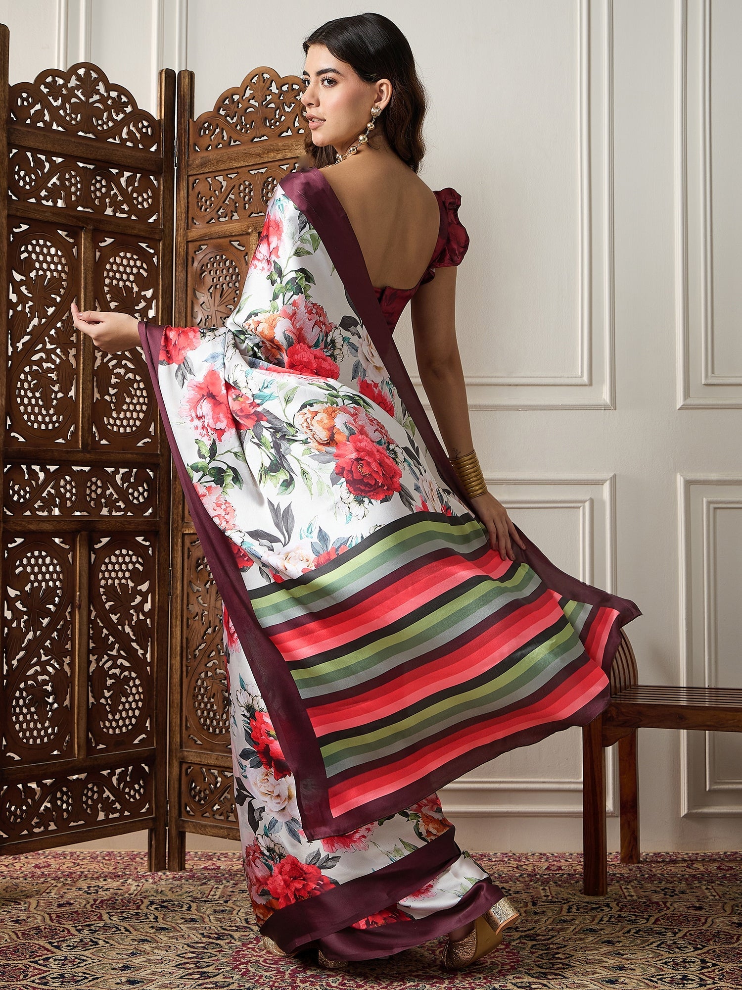 Off-White Satin Silk Red Floral Digital Print Contrast Border Blouse Saree - Ressa
